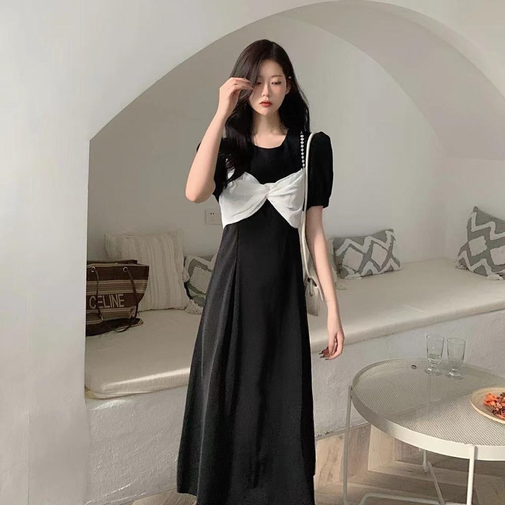 Dress Pita Putih Biru Langit Hitam Long Dress With Pearl And Ribbon Simple Elegan Gaun Wanita Panjang Lengan Pendek Berkualitas Korean Style