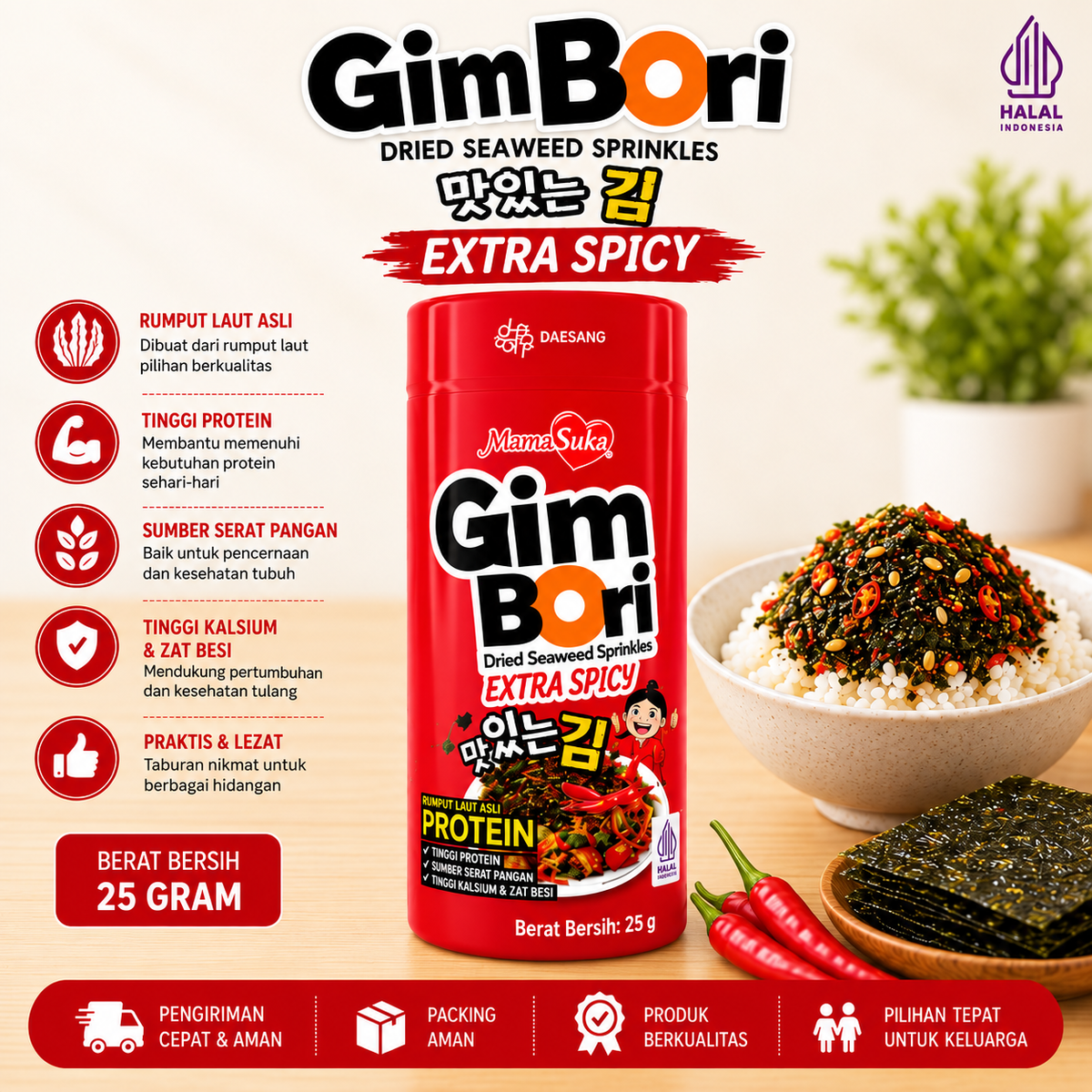 Mamasuka Gim Bori Dried Seaweed Sprinkles, Rumput Laut Rasa Original, Pedas, Extra Spicy, & Bulgogi