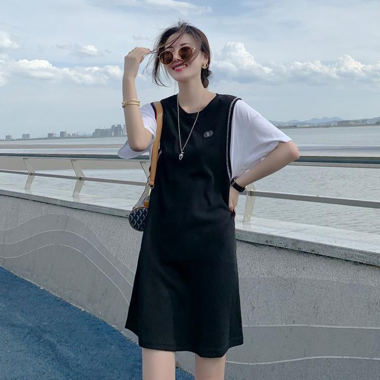 Dress Fake Two Shirt Rompi Hitam Putih Polos T-shirt Oversize Panjang Simple Berkualitas Korean Style