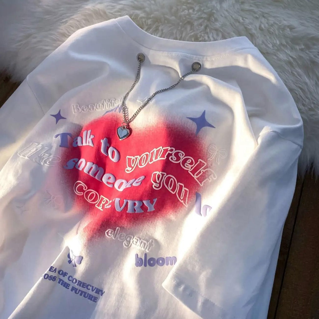 Kaos Oversize Love Chain Talk To Yourself Like Someone You Love T-shirt Couple Unik With Additional Chain Kaos Timbul Berkualitas Aesthetic Tshirt Elegant Bloom Love Beautiful Street Style Korean Style