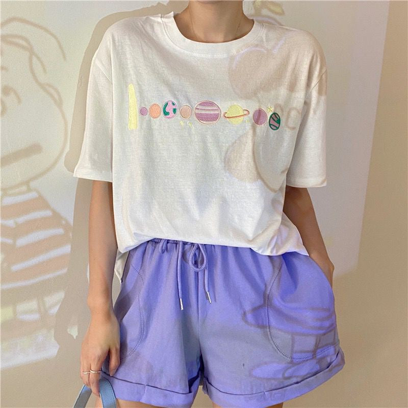 Kaos Oversize Planet Besar Lucu Unik Tshirt Bordir Berkualitas Tata Surya Imut Simple Elegan 8 Planet Tata Surya Aesthetic Couple T-shirt Keren Korean Style