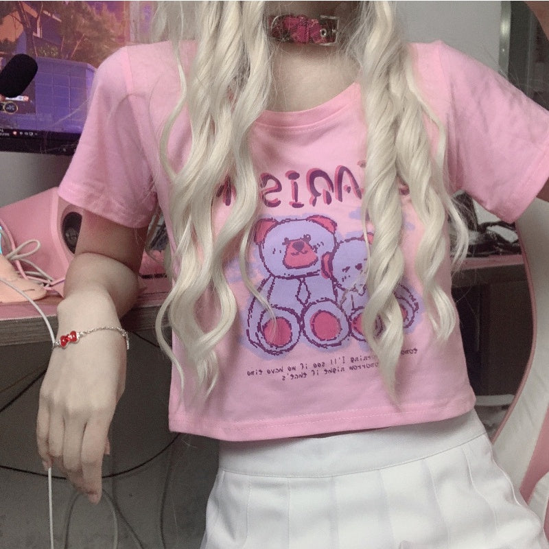 Kaos Crop Wanita Beruang Bearison Crop Top Lucu Biru Pink Korean Style