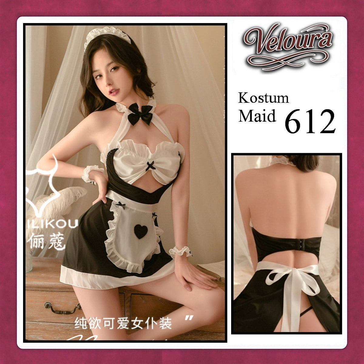 Pekalongan Veloura Maid Cosplay Set - Lingerie Kostum Pelayan Seksi Apron Keyhole Halter Dress 612