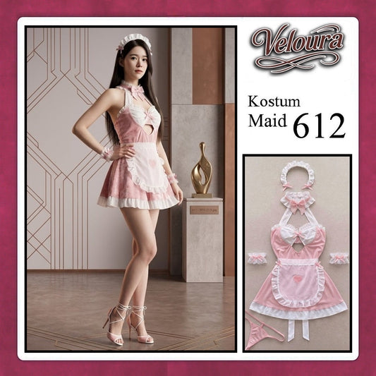 Pekalongan Veloura Maid Cosplay Set - Lingerie Kostum Pelayan Seksi Apron Keyhole Halter Dress 612