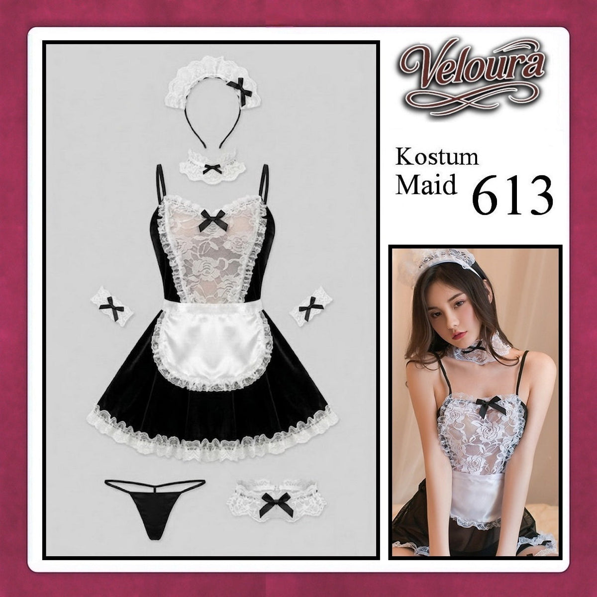Pekalongan Veloura Maid Cosplay Set - Lingerie Kostum Pelayan Seksi Sheer Lace Apron Dress 613