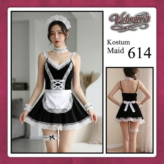 Pekalongan Veloura Maid Cosplay Set - Lingerie Kostum Pelayan Seksi Velvet Lace Corset Dress 614