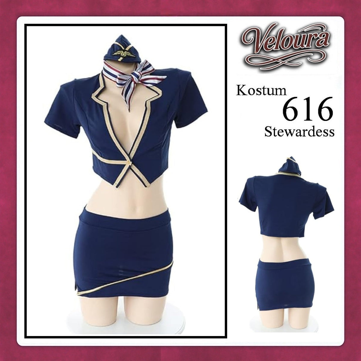Pekalongan Veloura Stewardess Cosplay Set - Lingerie Kostum Pramugari Seksi Two-Piece Deep V-Neck Mini Skirt 616