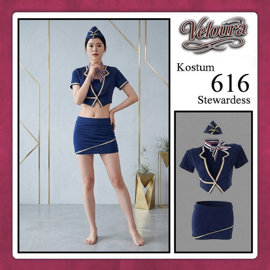 Pekalongan Veloura Stewardess Cosplay Set - Lingerie Kostum Pramugari Seksi Two-Piece Deep V-Neck Mini Skirt 616