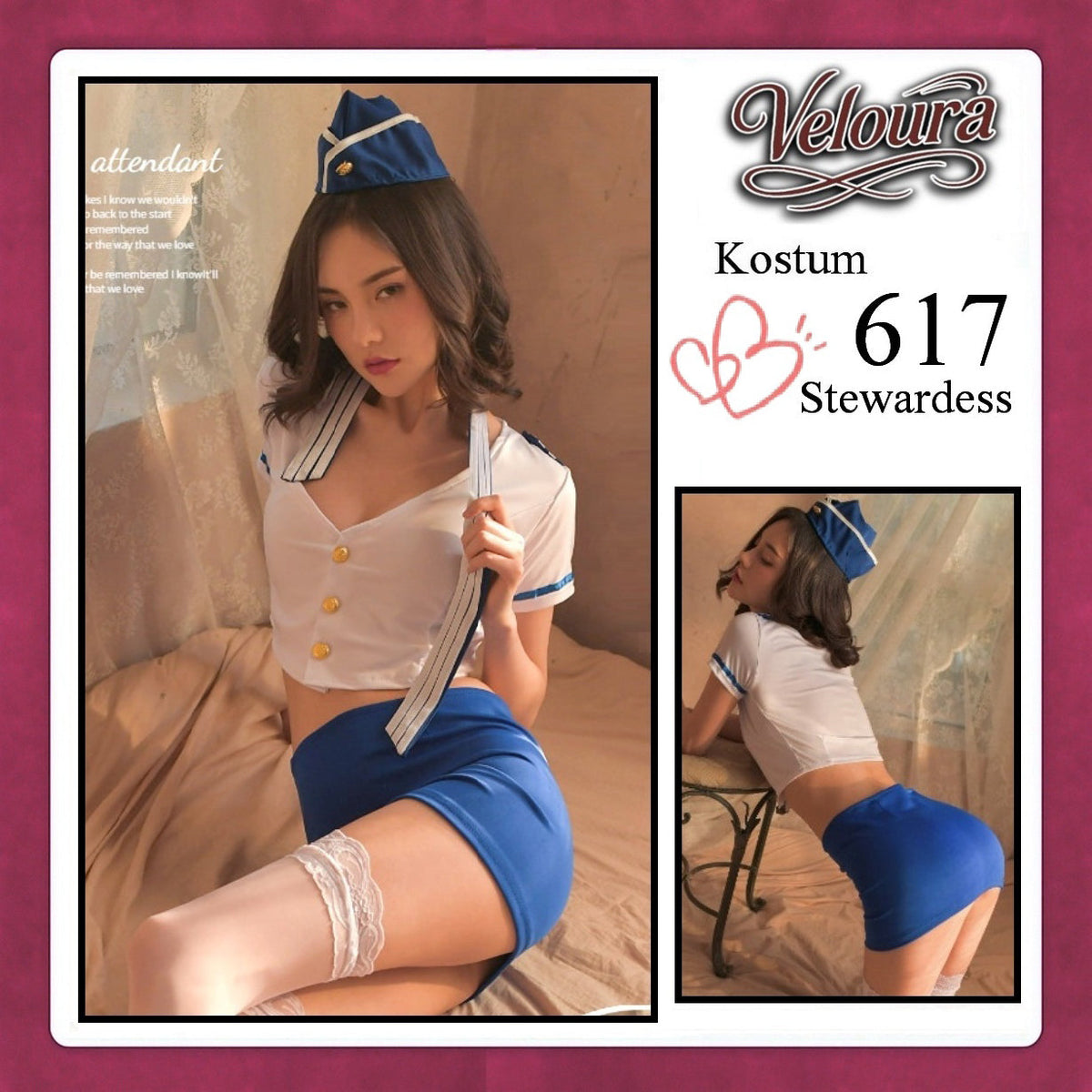 Pekalongan Veloura Stewardess Cosplay Set 617 - Lingerie Kostum Pramugari Seksi Crop Blouse Mini Skirt