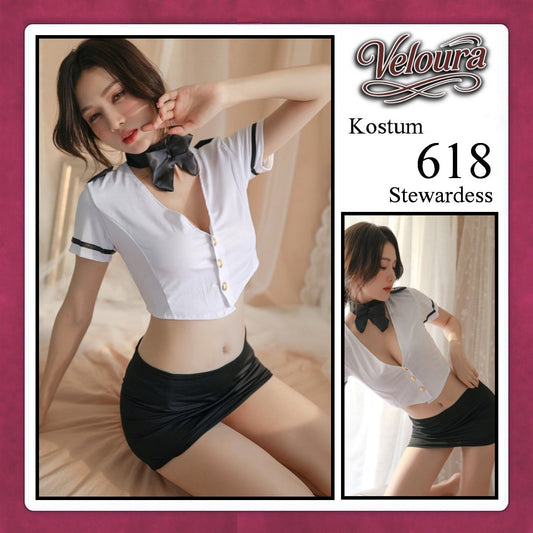 Pekalongan Veloura Stewardess Cosplay Set - Lingerie Kostum Pramugari Seksi Monochrome Crop Shirt Mini Skirt 618