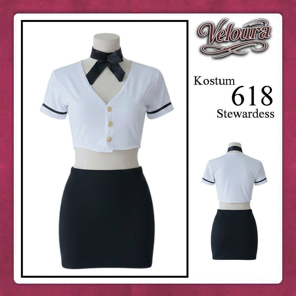Pekalongan Veloura Stewardess Cosplay Set - Lingerie Kostum Pramugari Seksi Monochrome Crop Shirt Mini Skirt 618