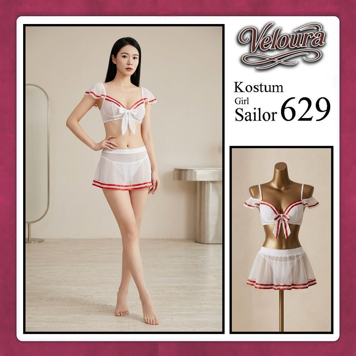 Pekalongan Veloura Girl Sailor Cosplay Set - Lingerie Kostum Pelaut Seksi Two-Piece Mesh Mini Skirt 629