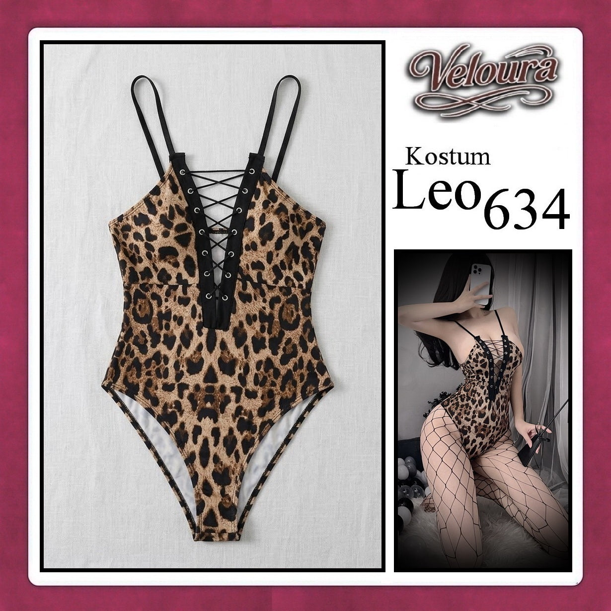 Pekalongan Veloura Leo Cosplay Set - Lingerie Kostum Macan Tutul Seksi One-Piece Lace-Up Bodysuit 634