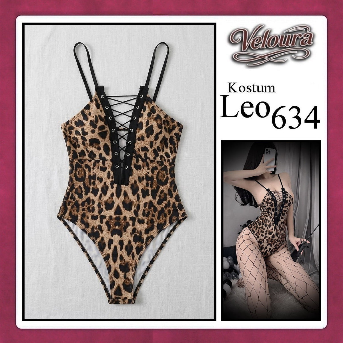 Pekalongan Veloura Leo Cosplay Set - Lingerie Kostum Macan Tutul Seksi One-Piece Lace-Up Bodysuit 634