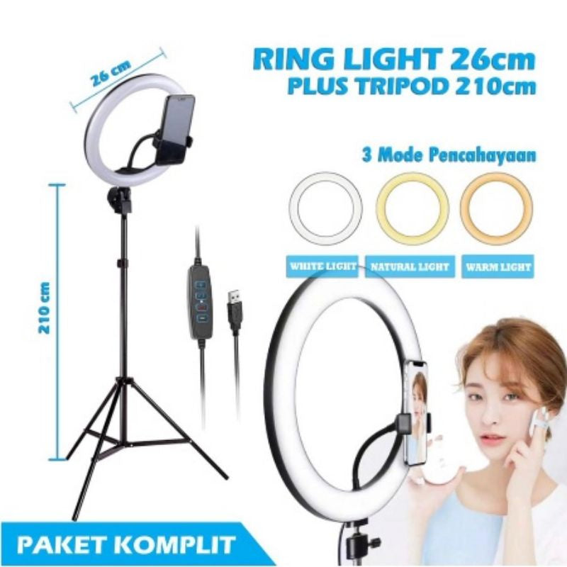 Pekanbaru Ring Light Paket Komplit Ringlight 26Cm + Tripod 2,1 Meter Make Up Vlog Lampu