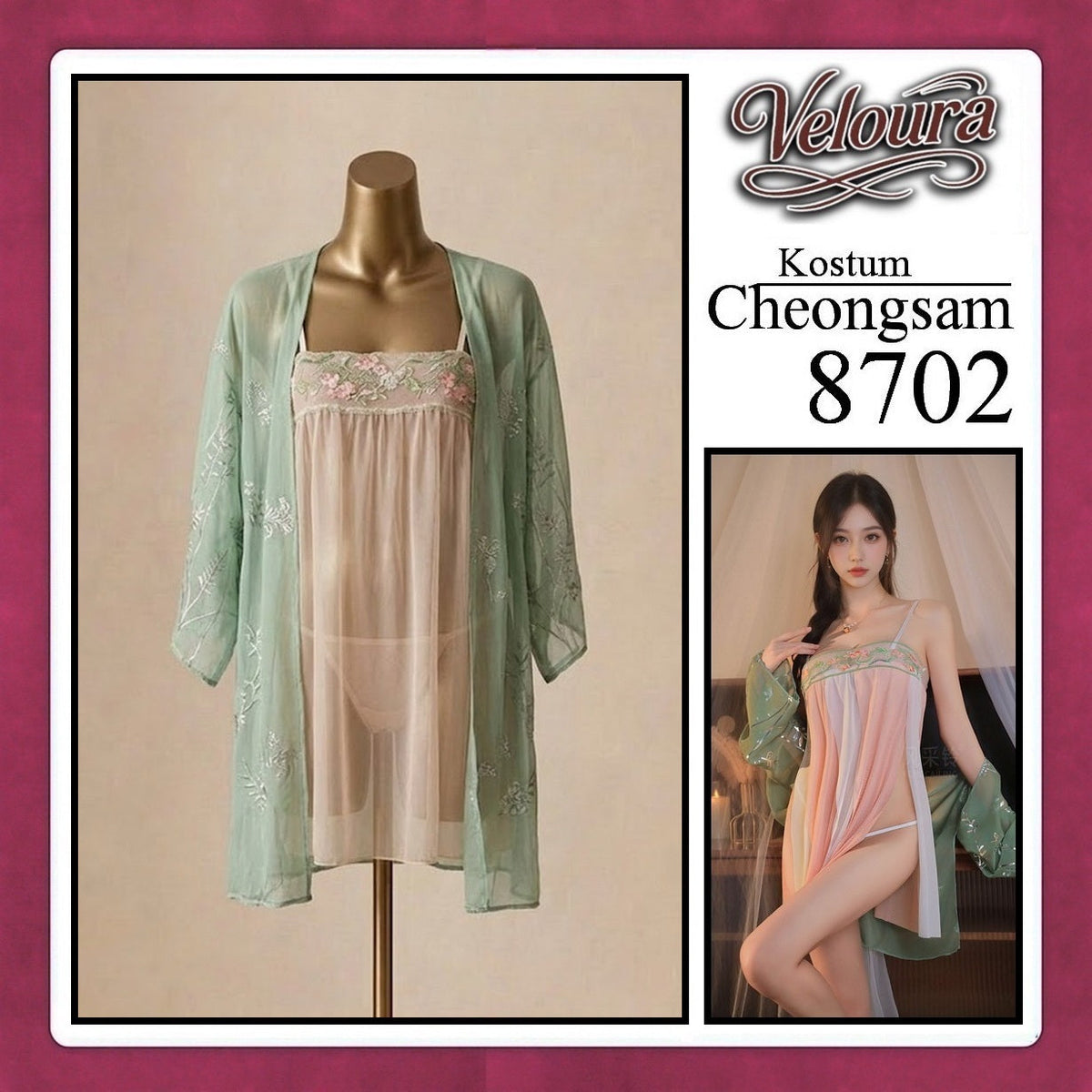 Pekalongan Veloura Pakaian Cheongsam Mini Kostum Lingerie Set Dress Sexy Model Baju China 8702