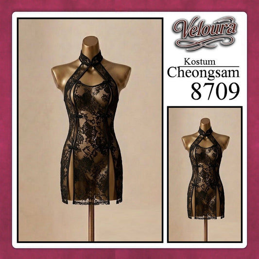 Pekalongan Veloura Pakaian Cheongsam Mini Kostum Lingerie Set Dress Sexy Model Baju China Black And Red 8709