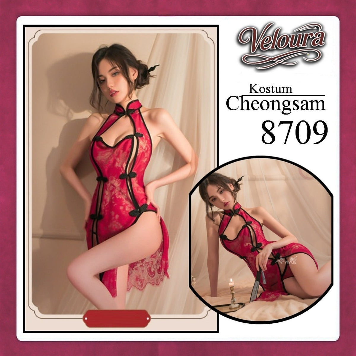 Pekalongan Veloura Pakaian Cheongsam Mini Kostum Lingerie Set Dress Sexy Model Baju China Black And Red 8709