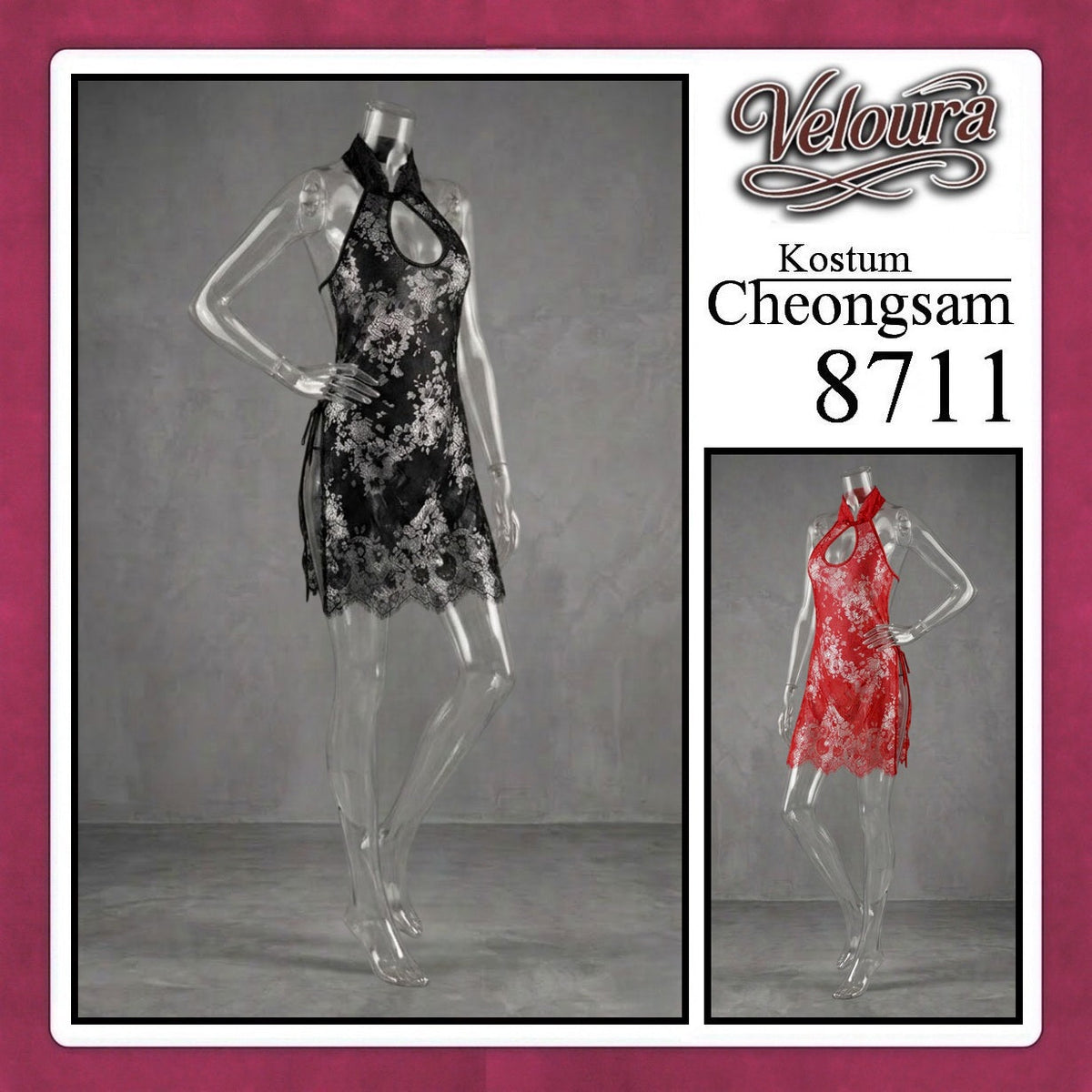 Pekalongan Veloura Pakaian Cheongsam Mini Kostum Lingerie Set Dress Sexy Model Baju China Black Red White 8711