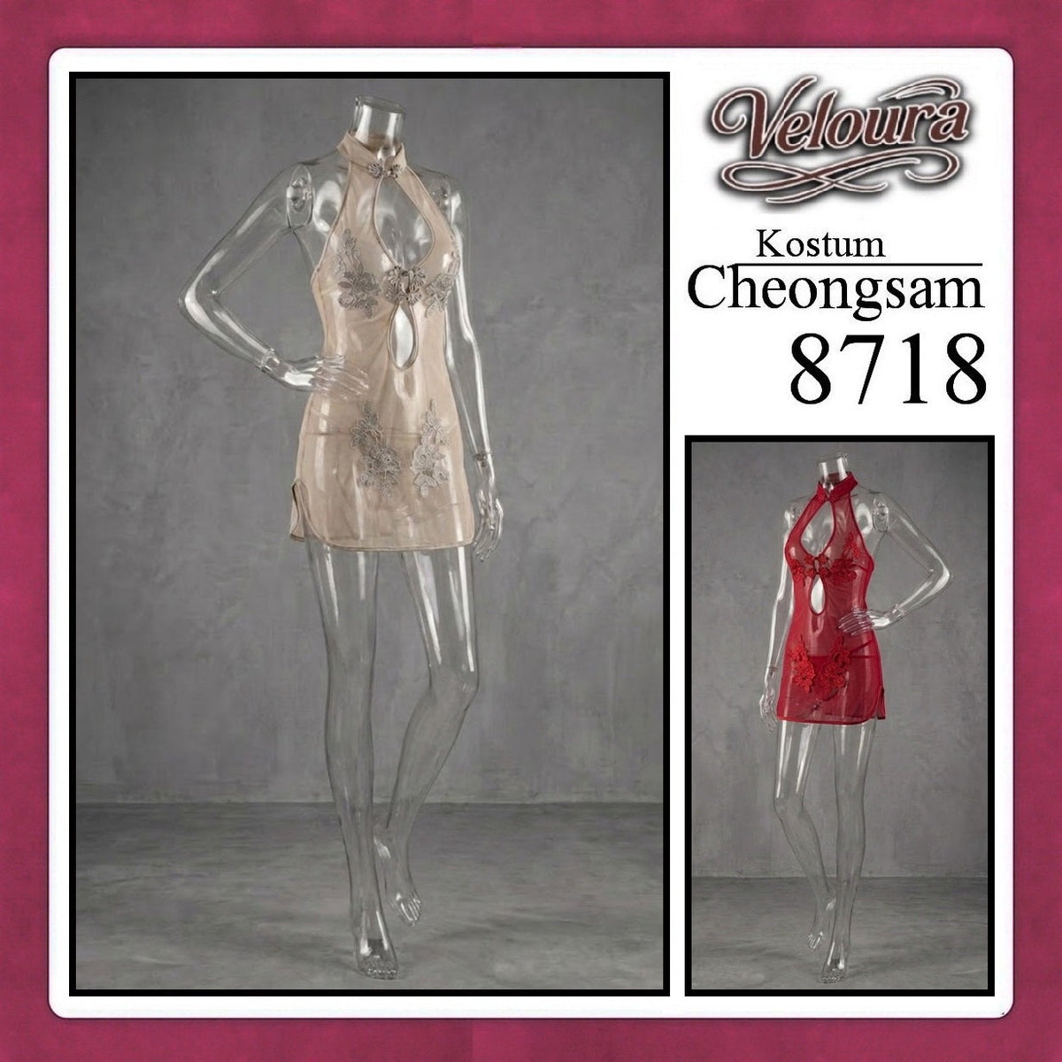 Pekalongan Veloura Pakaian Cheongsam Mini Kostum Lingerie Set Dress Sexy Model Baju China Red And White 8718