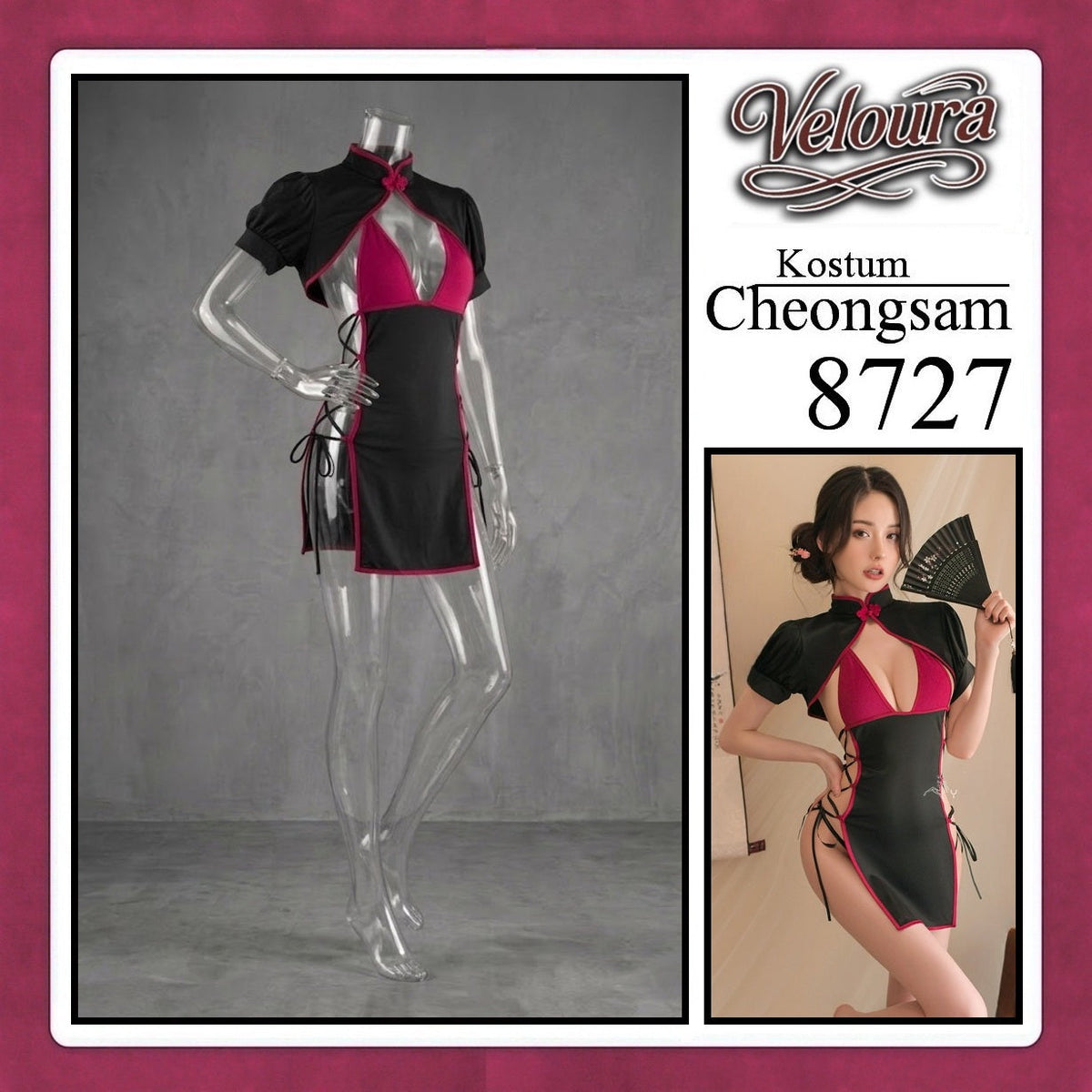 Pekalongan Veloura Pakaian Cheongsam Mini Kostum Lingerie Set Dress Sexy Model Baju China 8727