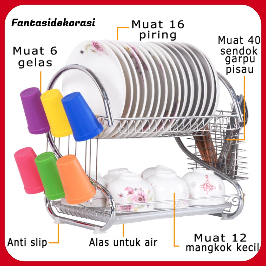 Rak piring 2 Tingkat Rak dapur Rak cuci piring Rak penyimpanan/Rak piring serbaguna