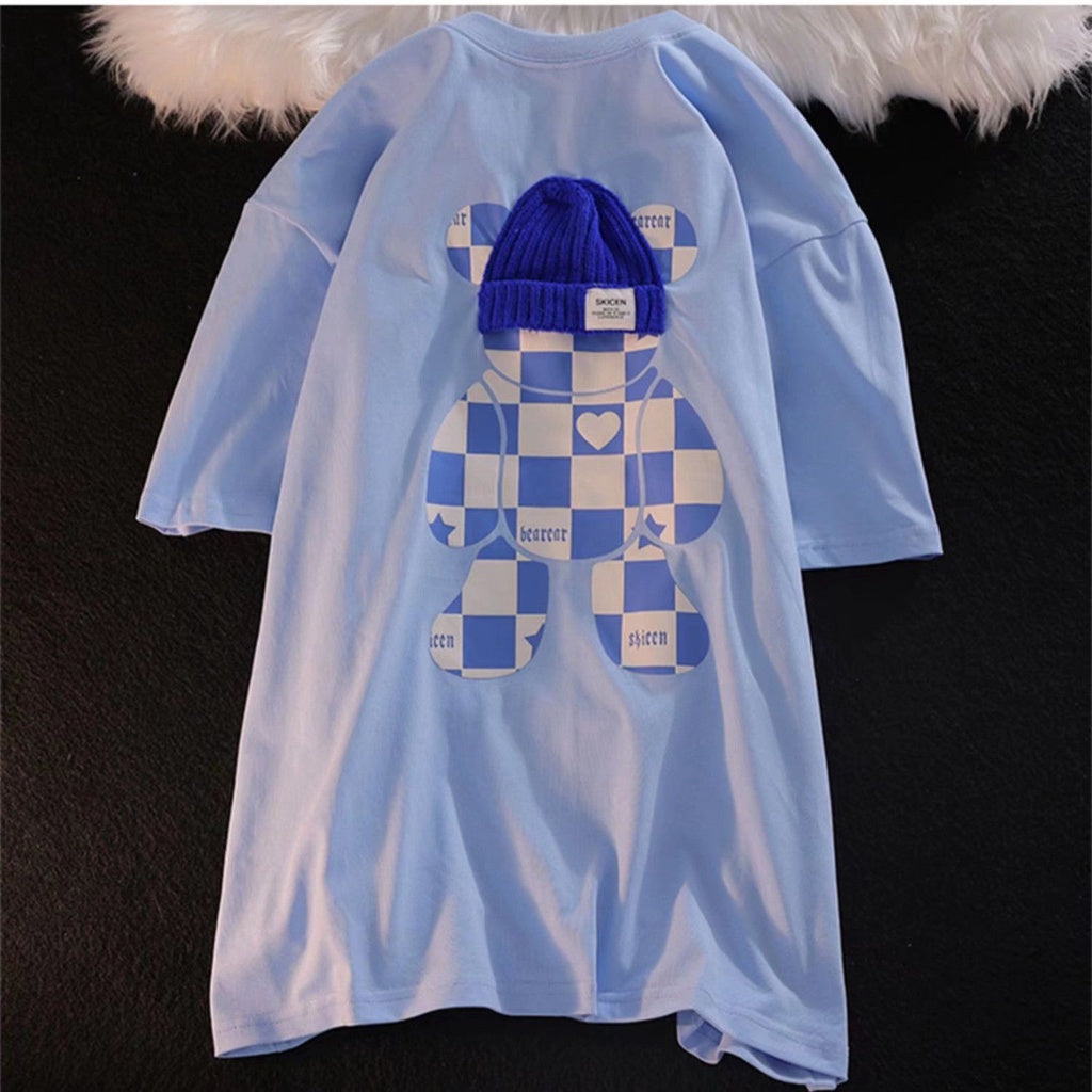 Kaos Oversize Bearbrlck Topi Rajut Asli Tshirt Square Motif Catur Two Tone Skicen Bearear T-shirt Unik Lucu Berkualitas With A Real Knit Beanie Hat Street Style Love Bear Beruang Lucu Korean Style