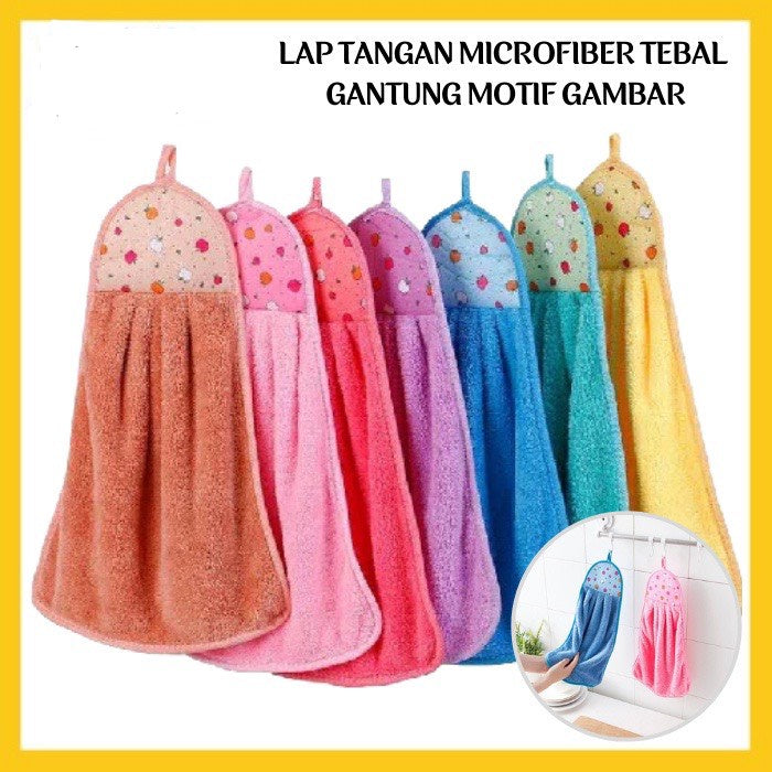 HR- Kain Lap Microfiber Gantung Motif Hand Towel Coral Fleece Serbet Handuk Lap Tangan Serbaguna