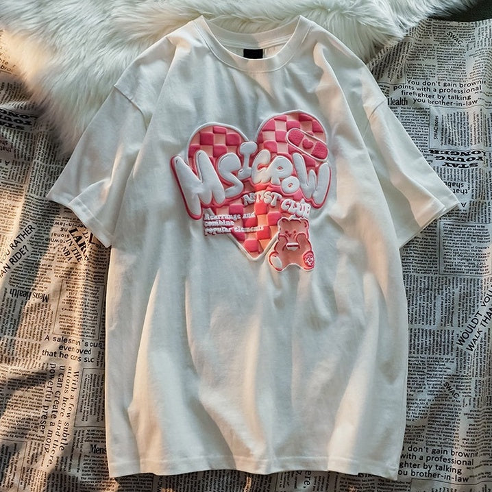 Kaos Oversize Msicrow Love Artist Club T-shirt Unik Berkualitas Bear Beruang Love Square Rearrange and Combine Popular Elements Korean Style