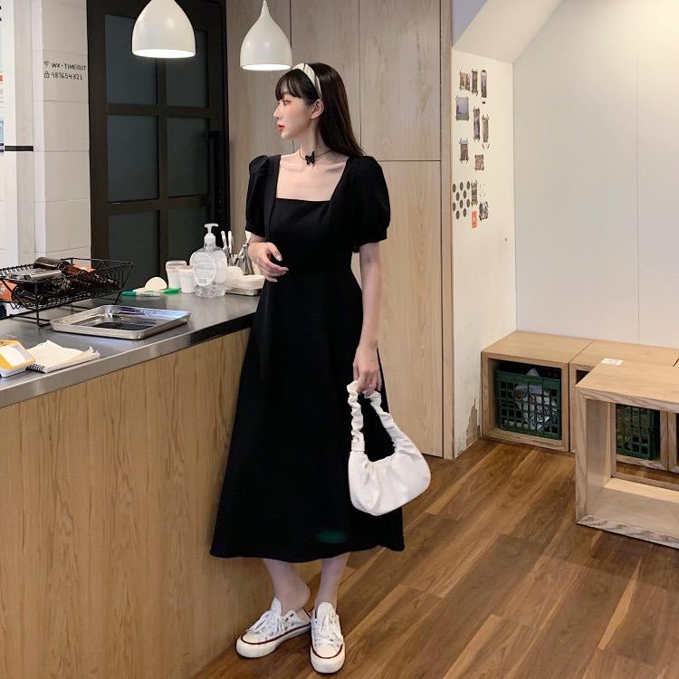 Dress Square Neck Panjang Hitam Polos Leher Persegi Gaun Midi Kasual Simply Black Elegan Lengan Balon Pendek Berkualitas Korean Style