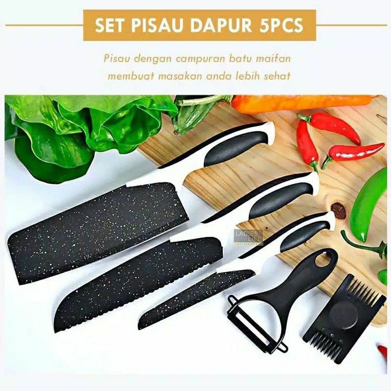 (Pisau Set Hitam) Set Pisau Dapur Isi 5 pcs Pisau Set Dapur Keramik Batu Maifan Loyal Bosque uji