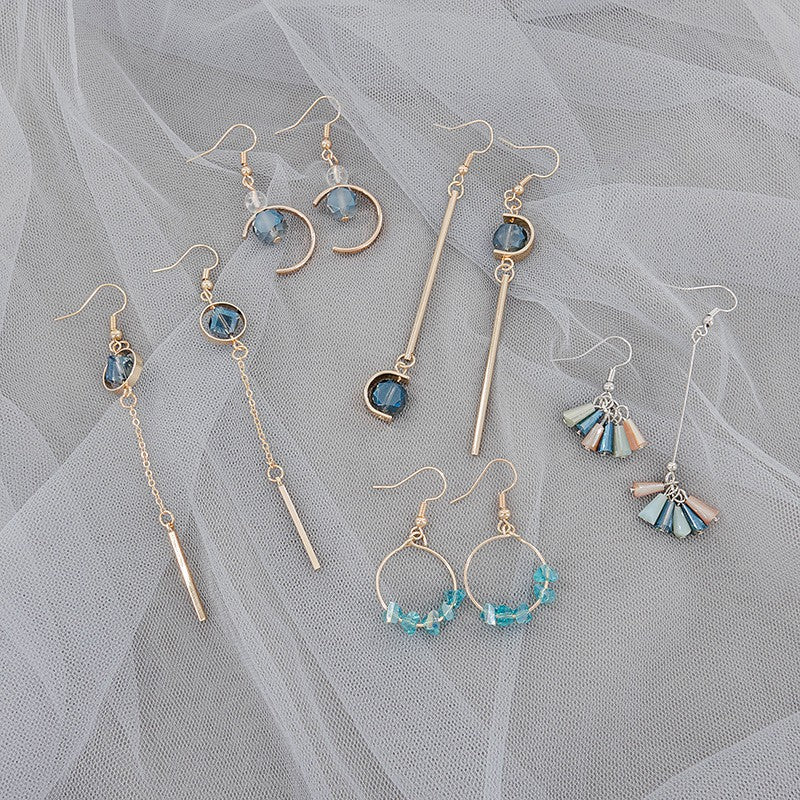 Anting Wanita Korea Biru Emas Permata Anting Panjang Elegan Simple Beda Kiri Kanan Anting Berkualitas Korean Style