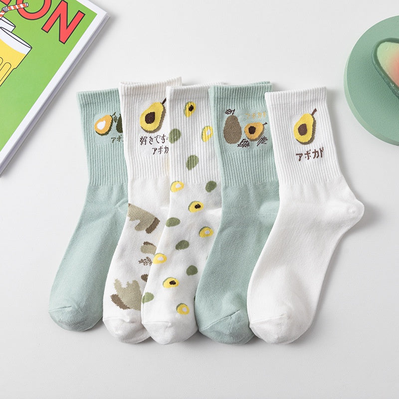 Kaos Kaki Panjang Motif Avocado Women Socks Import Kaos Kaki Berkualitas Hijau Putih Buah Korean Style