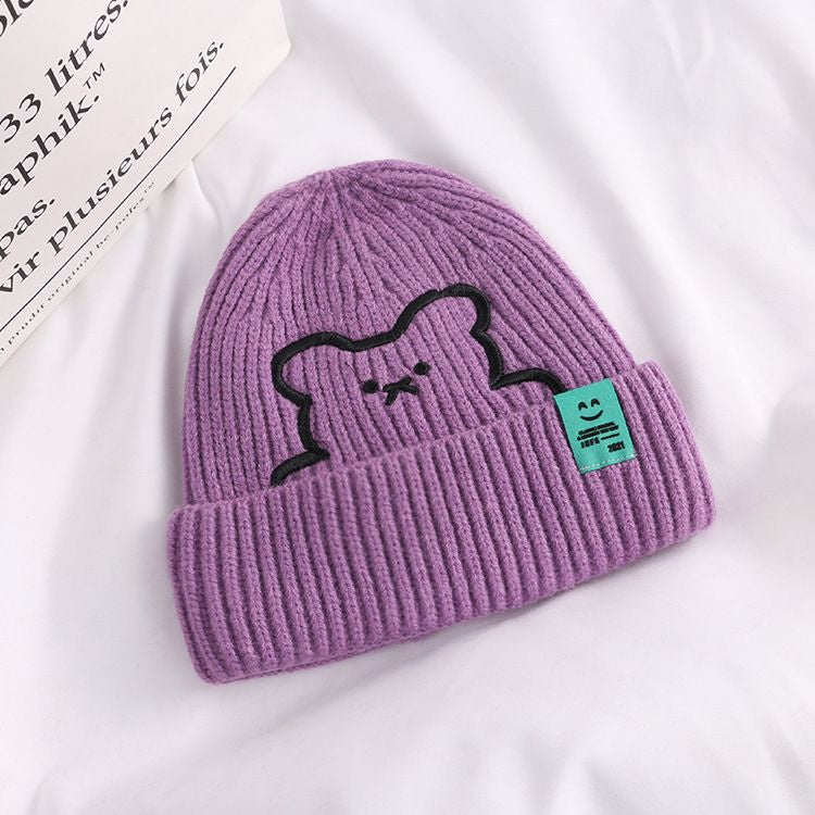 Topi Knit Kupluk Beanie Hat Rajut Bahan Tebal Colorful Smooth Bahan Halus Lembut High Quality Bordir Motif Bear Lucu Unik Korean Style