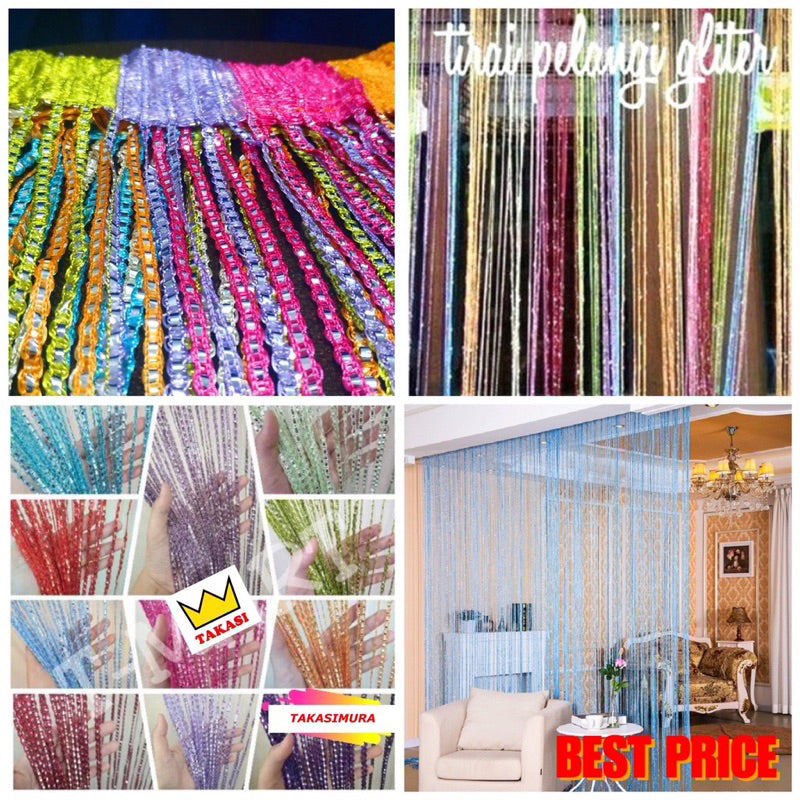 Tirai Glitter Gradasi Tirai benang Glliter Rainbow Tirai Pintu Jendela 100x200cm