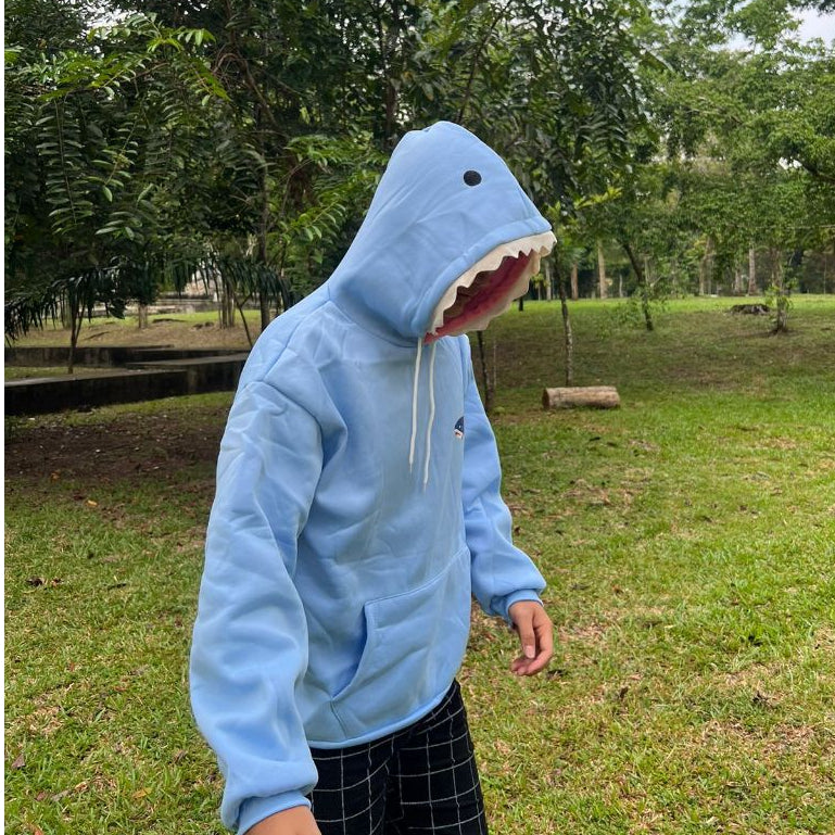 Hoodie Oversize Motif Hiu Hitam Biru Premium Funny Shark Bahan Tebal Berkualitas Hoodie Ikan Topi Gigi Trending Korean Style