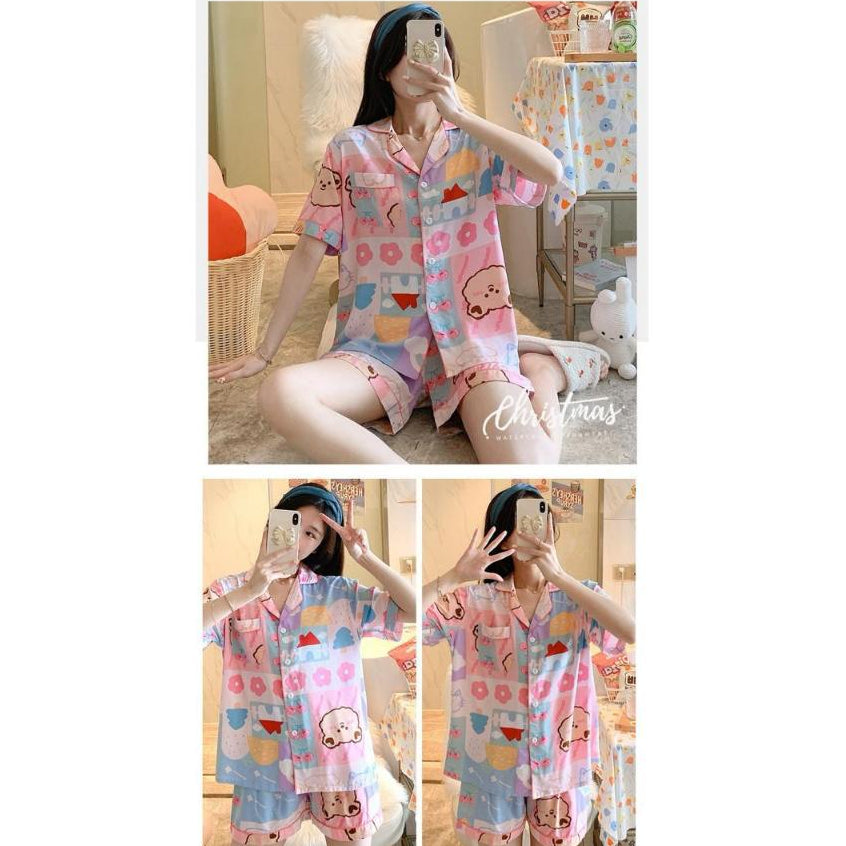 Baju Tidur Set Kemeja Lengan Pendek Celana Pendek Piyama Setelan Full Pattern Piyama Kancing Depan Unik Motif Lucu Korean Style Sleep Wear Hot Pants Model Shirt