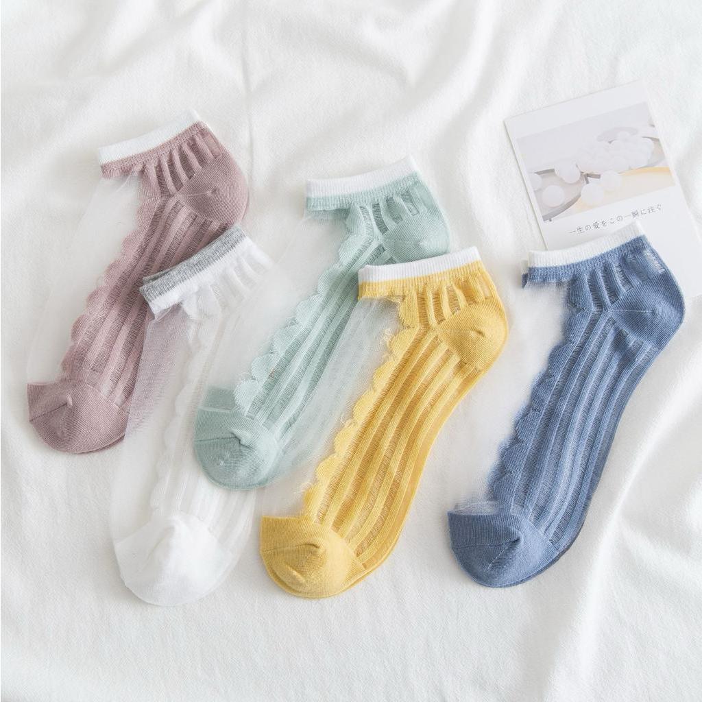 Kaos Kaki Soft Semi Transparan Women Socks Jaring Kaus Kaki Berkualitas Korean Style Colorful Pastel Renda Aesthetic Clear