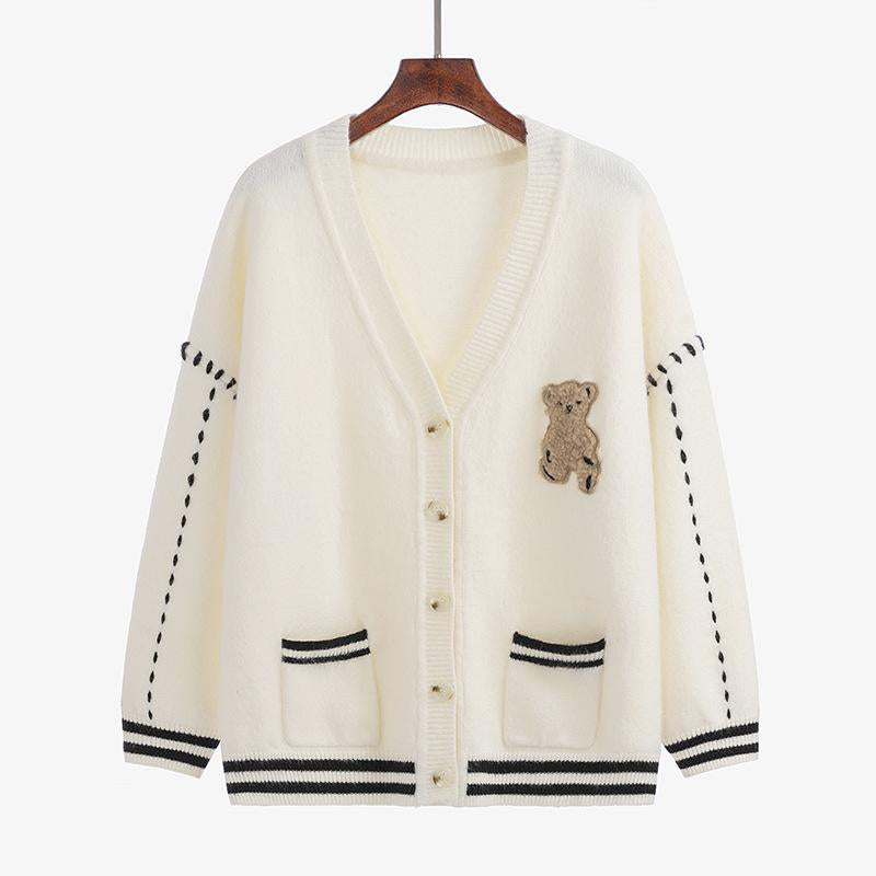 Cardigan Rajut Bear Putih Pink Oversize Outer Jaket Putih Pink Beruang OOTD Rajut Gingham Knit Kancing Two Tone Korean Style