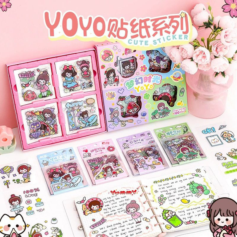 100 Lembar Stiker PVC Anti Air Motif YOYO Kartun Korea Box Besar