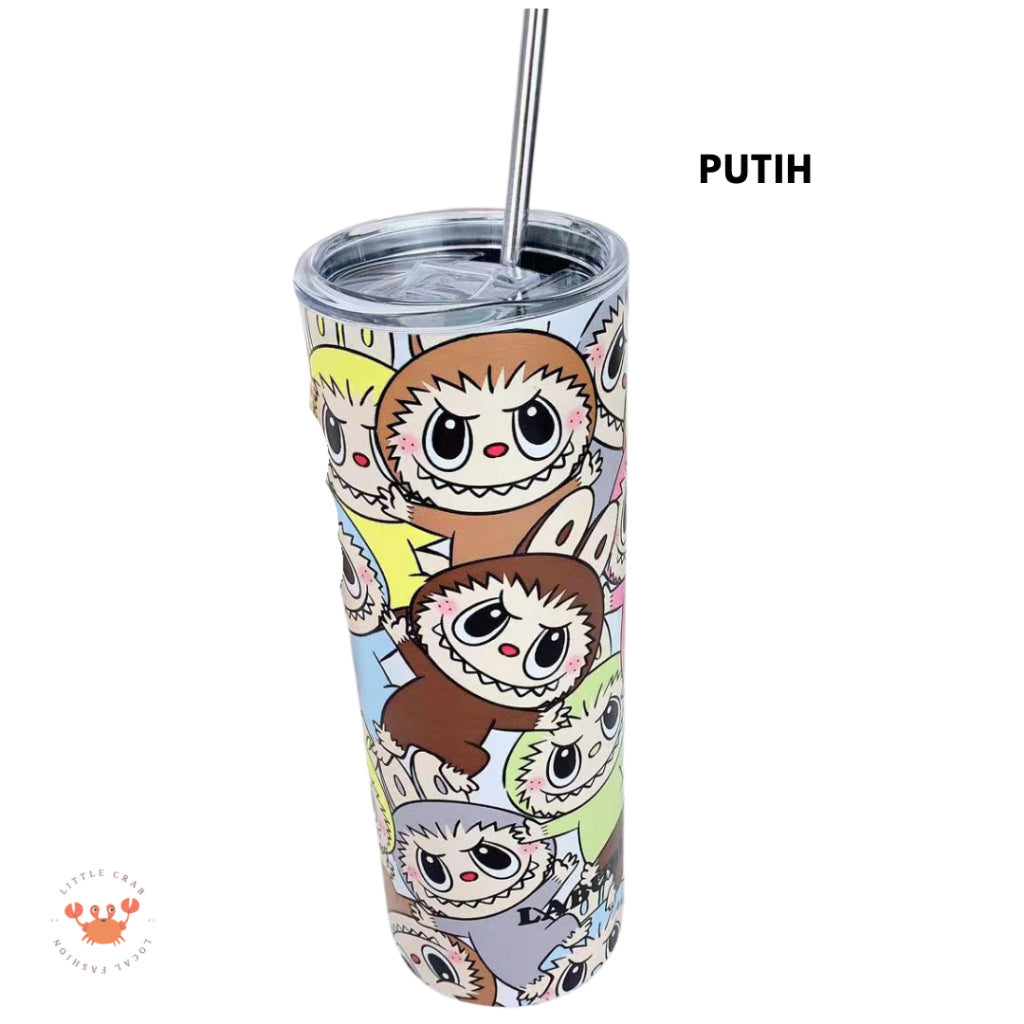Tumbler Labubu Termos Cafe Sedotan High Quality Stainless Steel Tahan Panas Dingin 600ml Botol Air Minum Tabung Tumblr Tutup Slide Transparan
