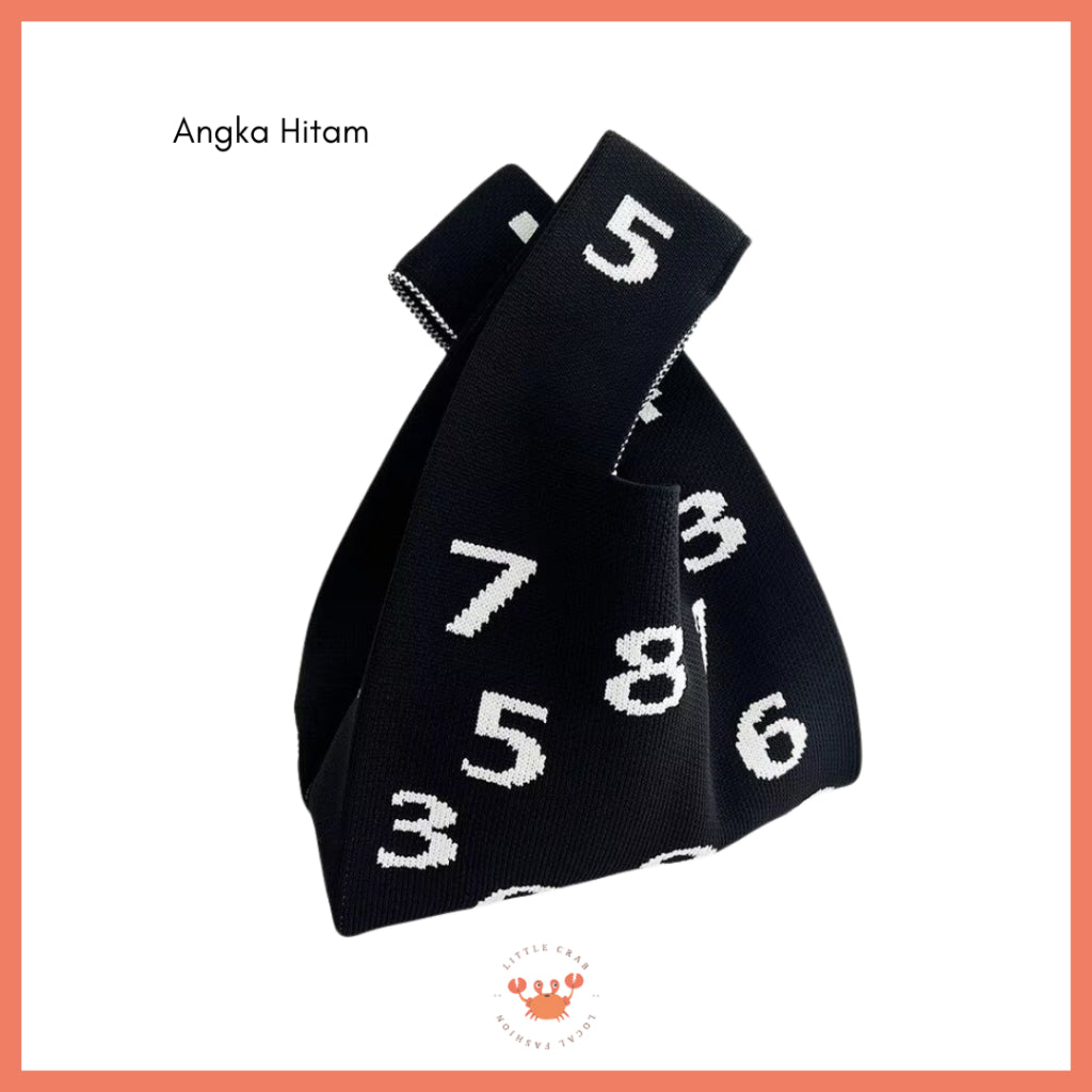 Tas Rajut Buffalow Bangkok Motif Angka Hijau Ungu Hitam Irregular Knit Totebag Premium