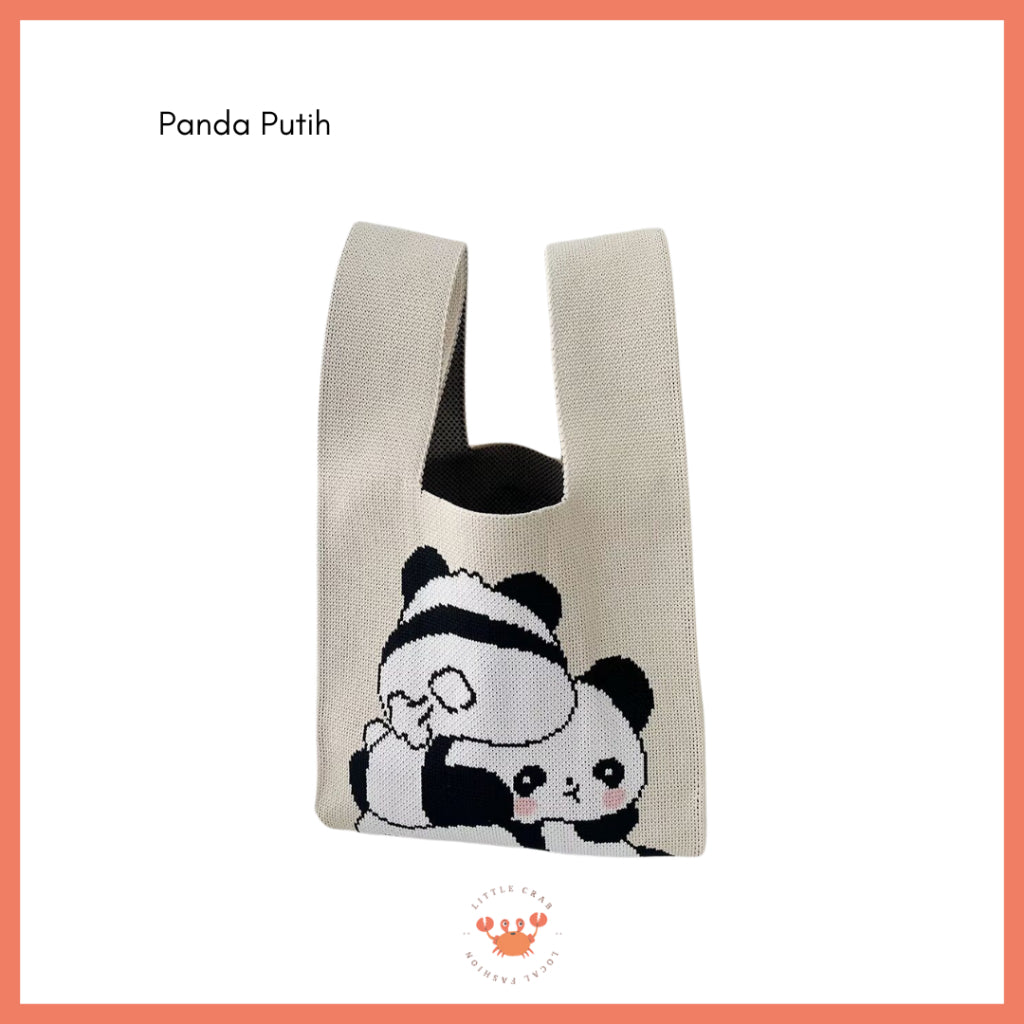 Tas Rajut Motif Panda Kucing Warna Soft Pastel Lucu Unik Knit Bag Knot Mini Totebag