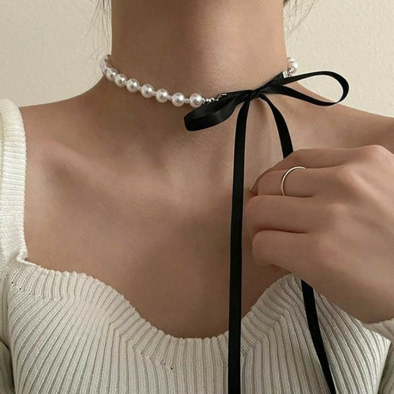 Pekanbaru Kalung Mutiara Pita Wanita / Kalung Choker Mutiara Pita