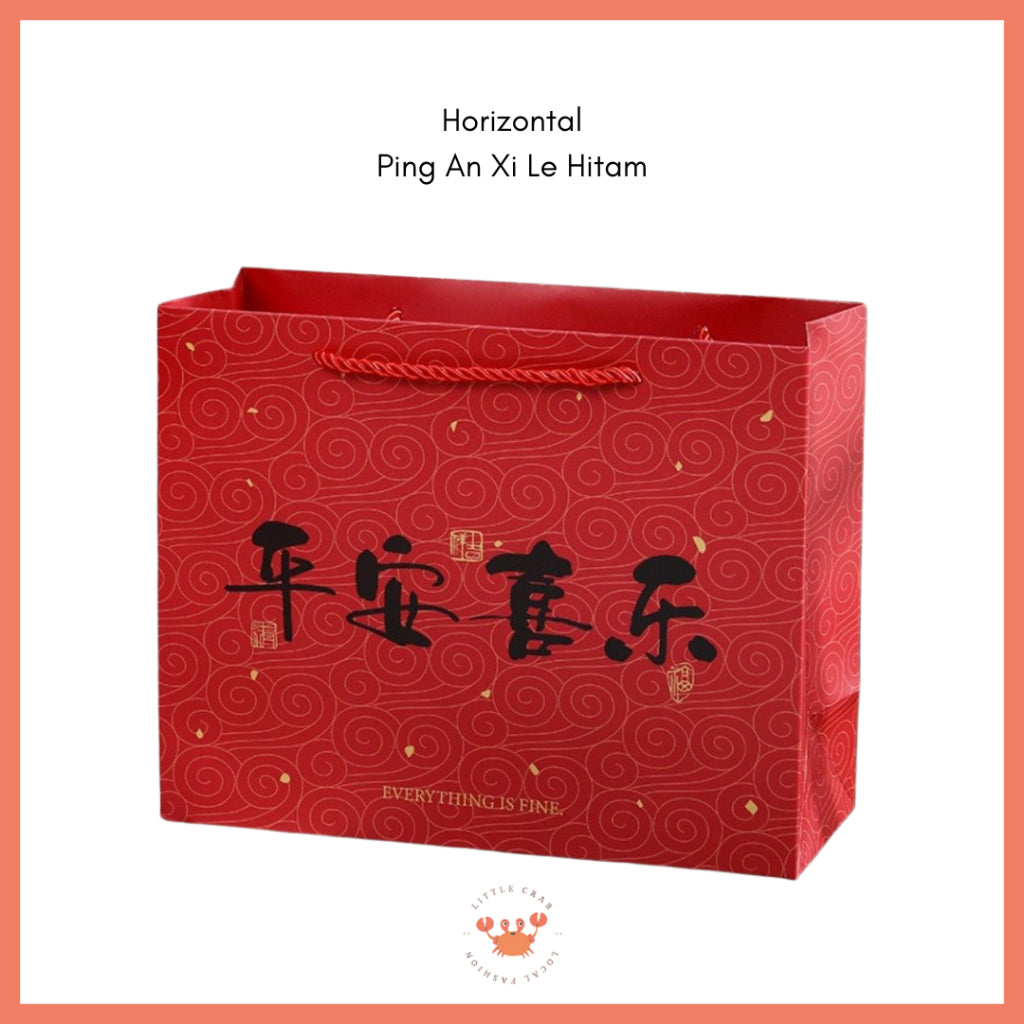 Paper Bag Merah Motif Imlek Fu Ping An Xi Le Vertikal Horizontal Kantong Hampers Tas Kado