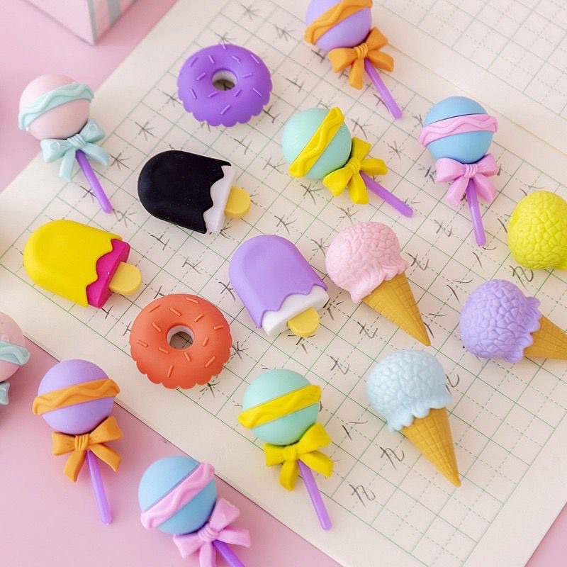 Penghapus Lucu Bentuk Es Krim Isi 4 Pcs / Set Karet Hapus Lolipop Donat Pensil Karakter Sweet Eraser