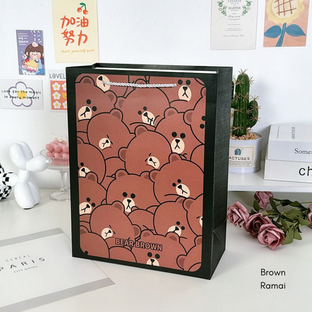 Paper Bag Beruang Kelinci Coklat Putih Unik Lucu Goodie Bag Kartun Tas Kado Tali Atas