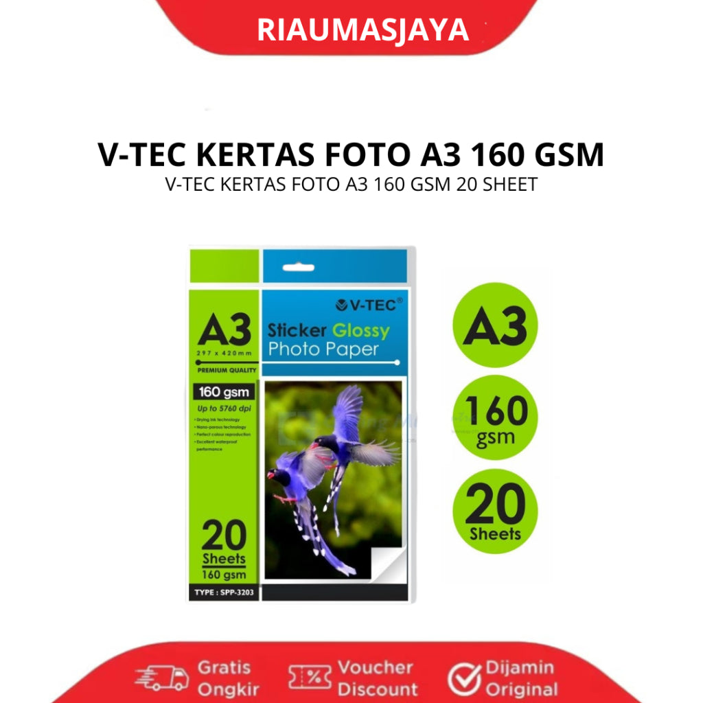 Pekanbaru V-Tec Sticker Glossy Photo Paper Waterproof A3 160Gsm (20 Sheet)