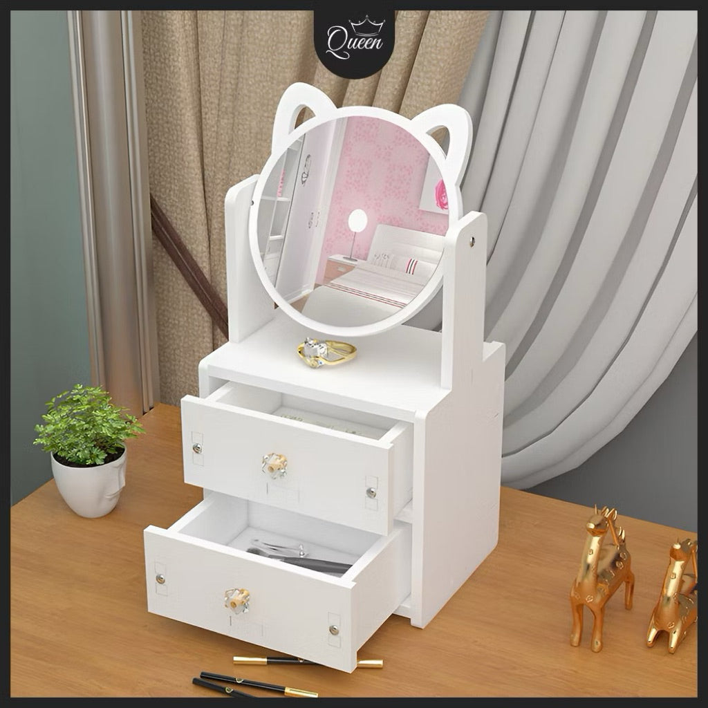 Rak Cermin Make Up 2 Susun / Tempat Kosmetik Cermin Dengan 2 Laci / Kotak Penyimpanan Dengan Cermin Laci