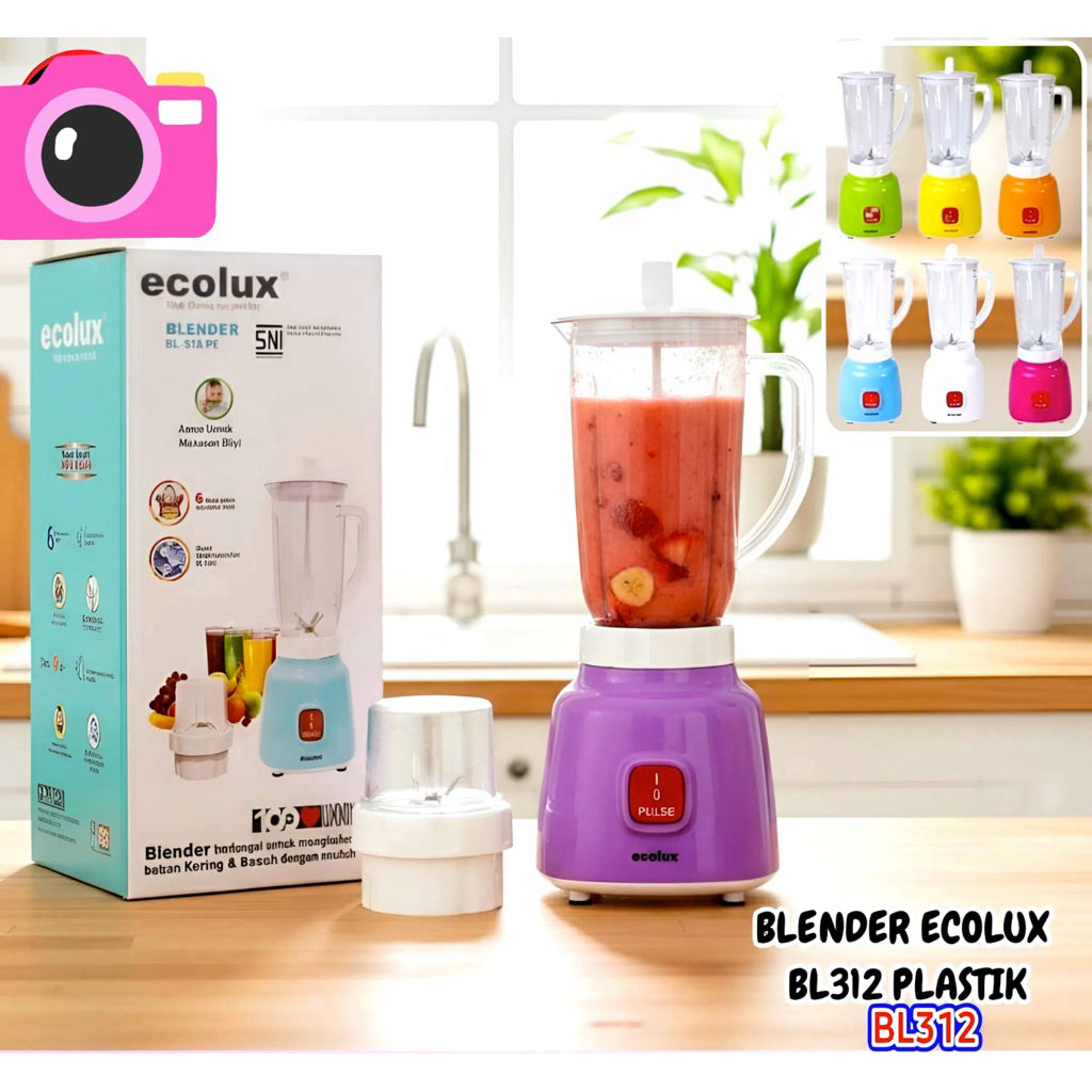 Blender ECOLUX gelas plastik. BL-T11PC. Pelumat basah & kering